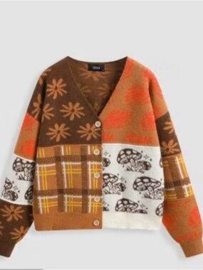 Cider Patchwork Floral, Plaid & Mushroom Button Cardigan